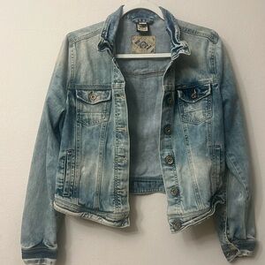 Bershka Blue Cropped Jean Jacket with Distressed Finish Y2K 314 denim